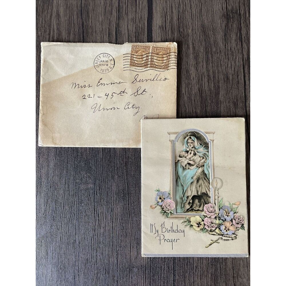 Antique Birthday Greetings Card Hand Colored Rust Craft 15CR2733 Envelope Stamps